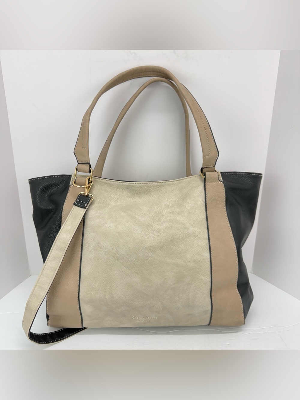 Darcy Marks London Black Beige Cream Vegan Leather Colorblock Tote Bag